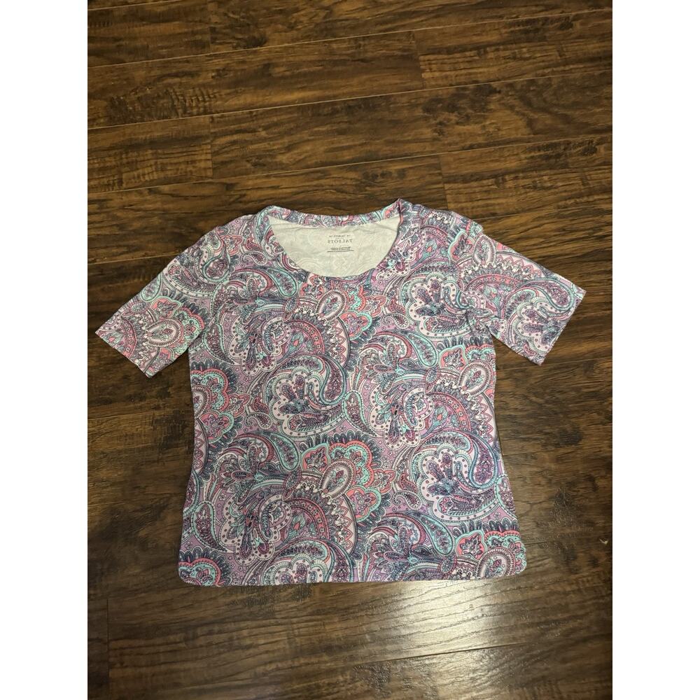 Talbots Size L Purple Multi Rich Paisley Scoop Neck Soft Short Sleeve Tee